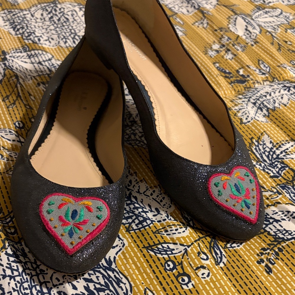 LK Bennett Silvery Black Glitter Heart Appliqué Flats with Multicolor Embroidery